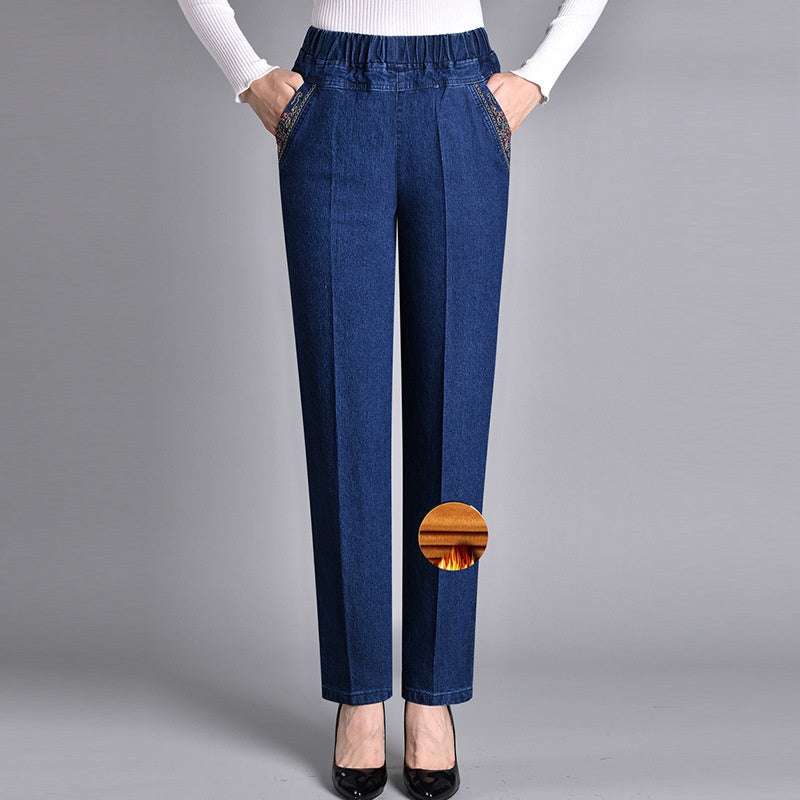 Women's jeans with side pockets and elastic waist